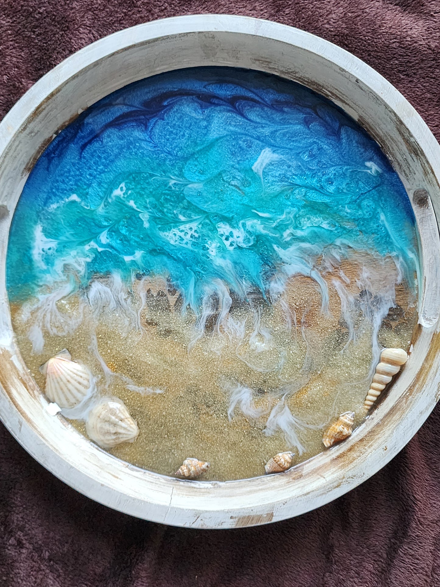 Round Blue Ocean theme wooden tray