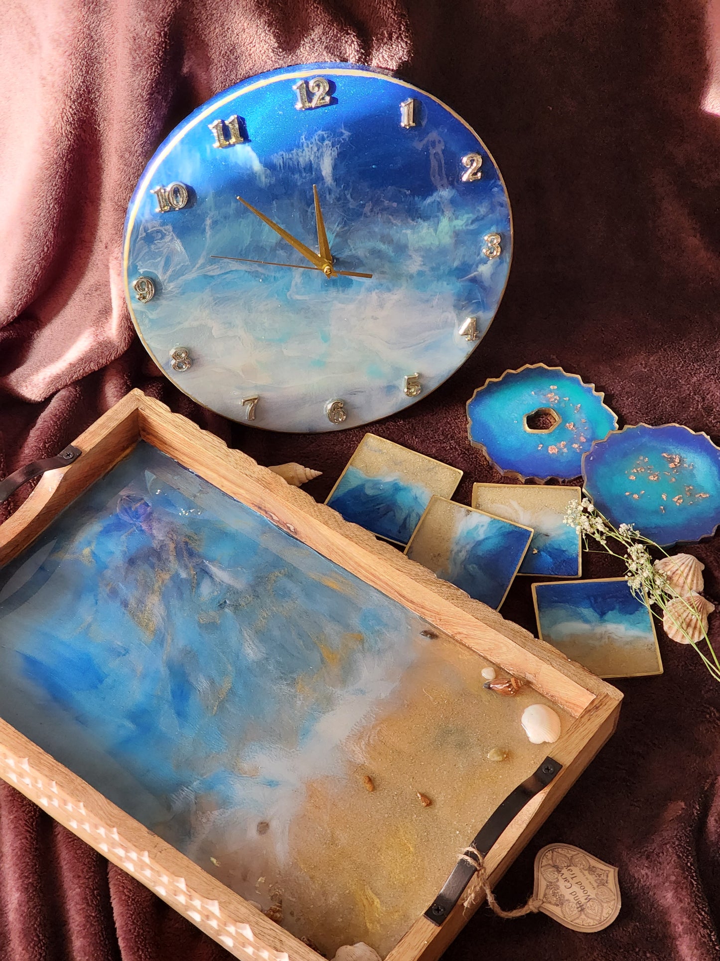 Blue ocean theme wooden tray