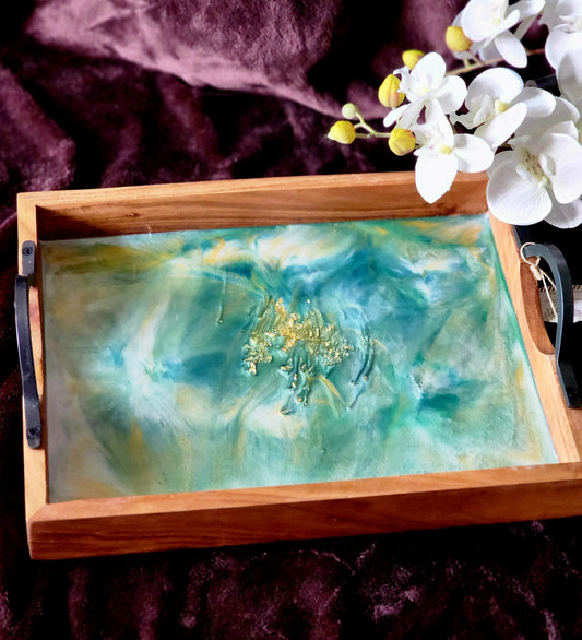 Green wooden serving tray