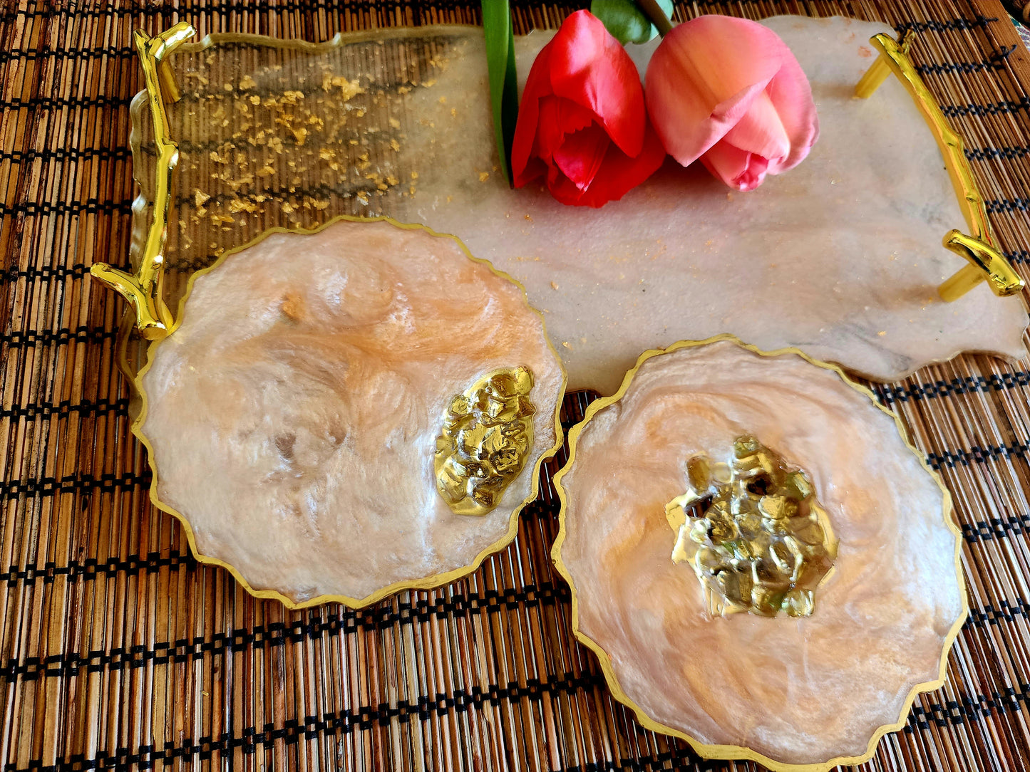 Peachy Pink Gold Resin Tray set